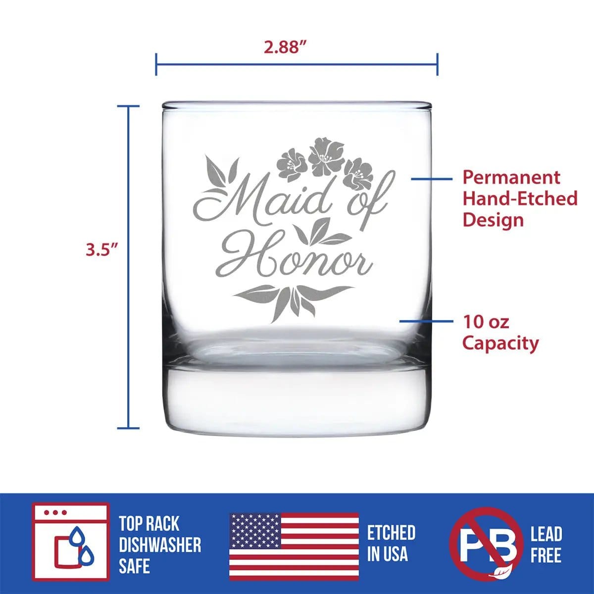Etched Rocks Glass | 10 oz Whiskey Glass | Dishwasher Safe | Maid of Honor Old Fashioned