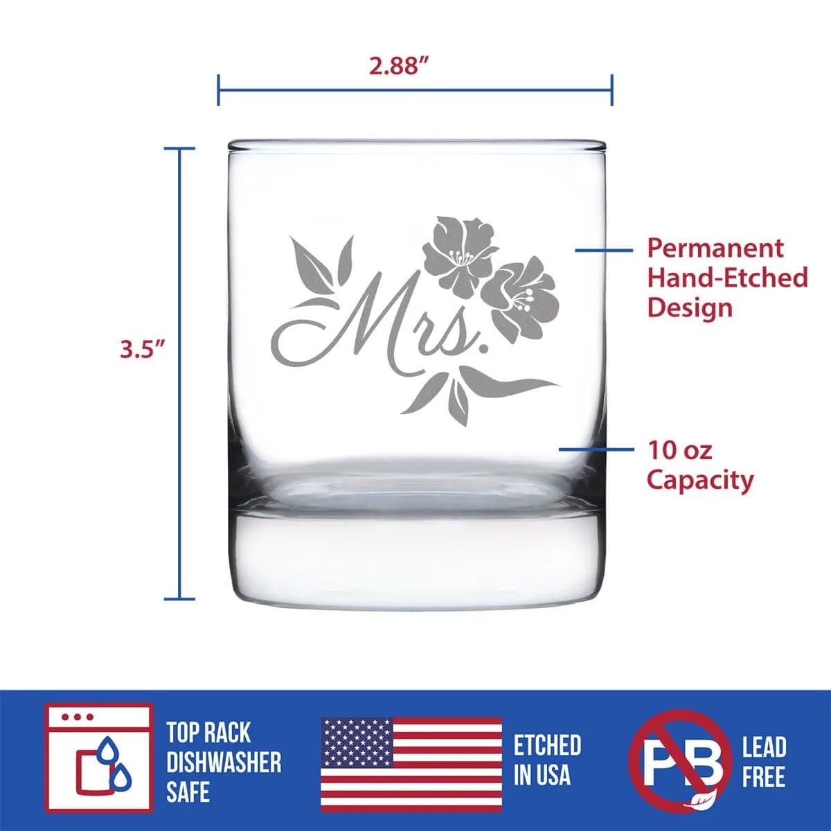 Etched Rocks Glass | 10 oz Whiskey Glass | Dishwasher Safe | Mrs. Old Fashioned