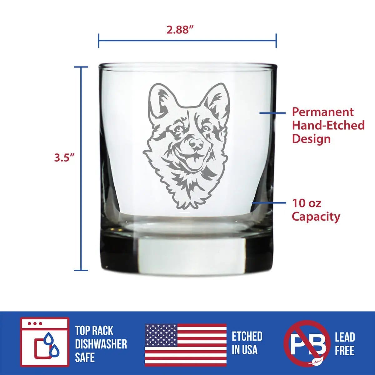 Etched Rocks Glass | 10.25 oz Whiskey Glass | Dishwasher Safe | Corgi Face