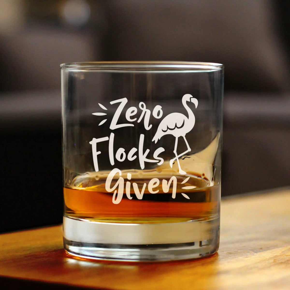Etched Rocks Glass | 10 oz Whiskey Glass | Dishwasher Safe | Zero Flocks Given - Funny Flamingo