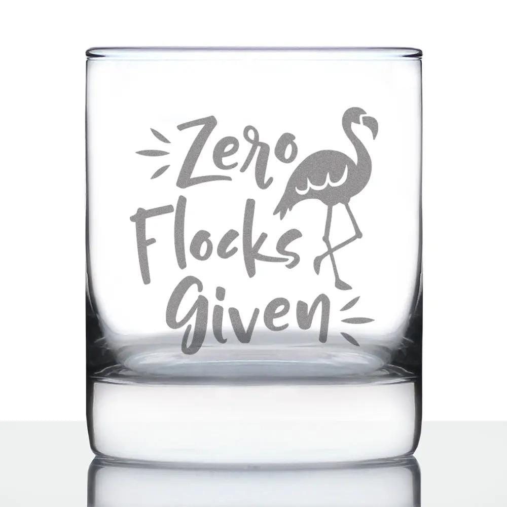 Etched Rocks Glass | 10 oz Whiskey Glass | Dishwasher Safe | Zero Flocks Given - Funny Flamingo