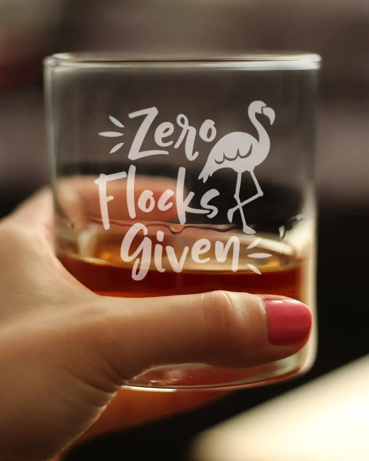 Etched Rocks Glass | 10 oz Whiskey Glass | Dishwasher Safe | Zero Flocks Given - Funny Flamingo
