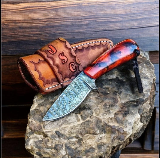Ranch Cowboy Knives - Damascus Steel Blades with Resin Handle & Leather Case | Damascus Steel | cowboy Knife | Home