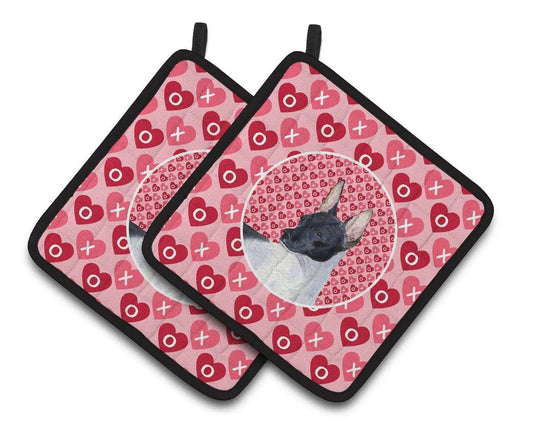 Pot Holder Set of 2 | Heat Resistant Quilted Hot Pads | 7.5 x 7.5 Inch | Rat Terrier Hearts Love and Valentine's Day Portrait