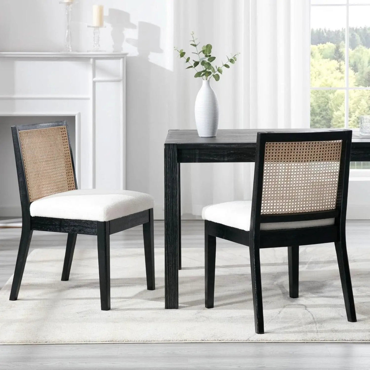 Black Rattan Dining Chairs Four Pack Sherpa Upholstered from PriceLows™