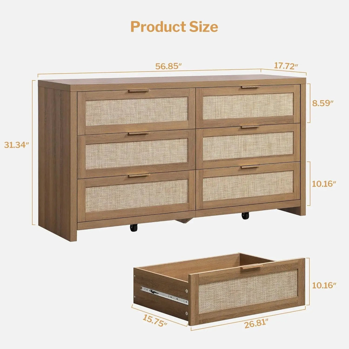 Rattan Dresser FiftySixPointNineInches Wide Six Drawer from PriceLows™