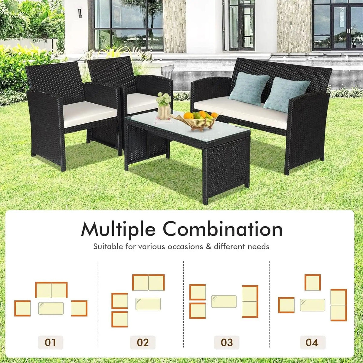 Rattan Outdoor Patio Furniture Set 4 Piece White Cushions from PriceLows™