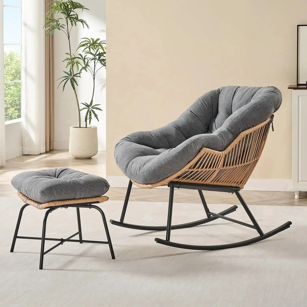 Grey Rattan Papasan Rocking Chair with Ottoman, Oversized Wicker Egg Patio Chair Indoor & Outdoor Lounge Rocker Chair for Garden from PriceLows™