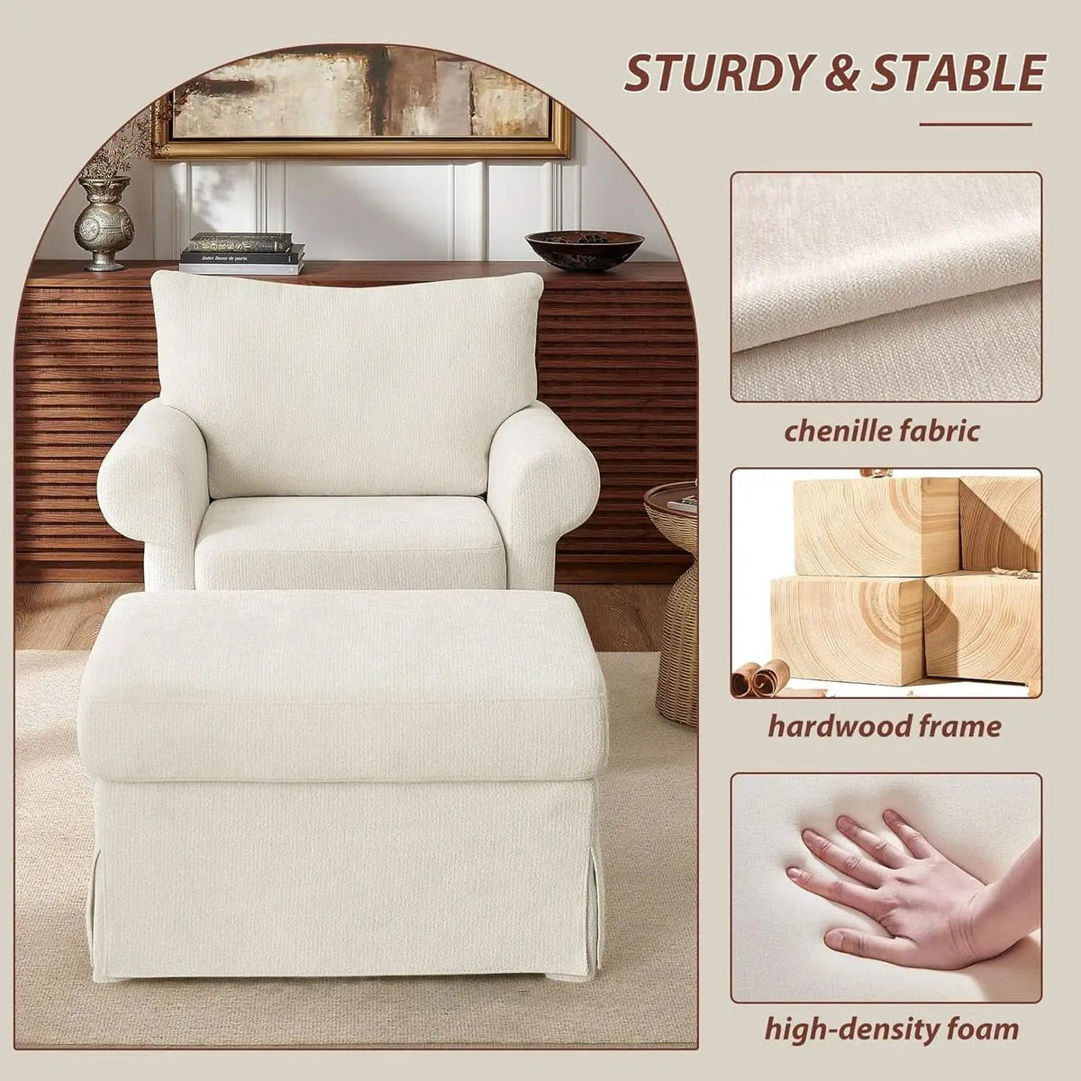 Beige Chenille Contemporary Ottoman Reading Chair Set from PriceLows™