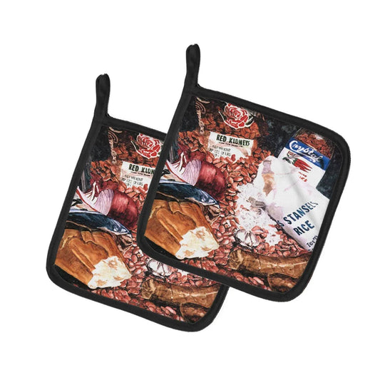 Pot Holder Set of 2 | Heat Resistant Quilted Hot Pads | 7.5 x 7.5 Inch | Red Beans and Rice