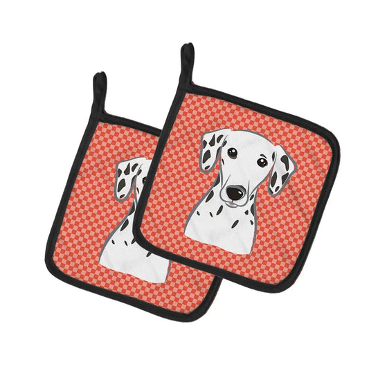 Pot Holder Set of 2 | Heat Resistant Quilted Hot Pads | 7.5 x 7.5 Inch | Red Checkered Dalmatian