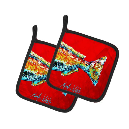 Pot Holder Set of 2 | Heat Resistant Quilted Hot Pads | 7.5 x 7.5 Inch | Red Fish Alphonzo Tail