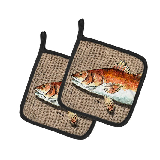 Pot Holder Set of 2 | Heat Resistant Quilted Hot Pads | 7.5 x 7.5 Inch | Red Fish