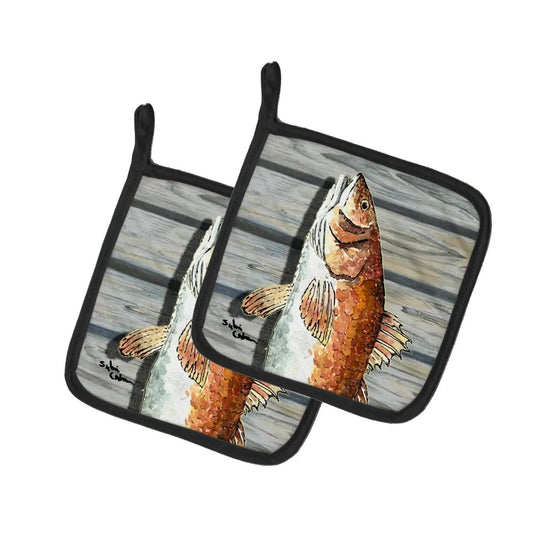 Pot Holder Set of 2 | Heat Resistant Quilted Hot Pads | 7.5 x 7.5 Inch | Red Fish (Style 2)