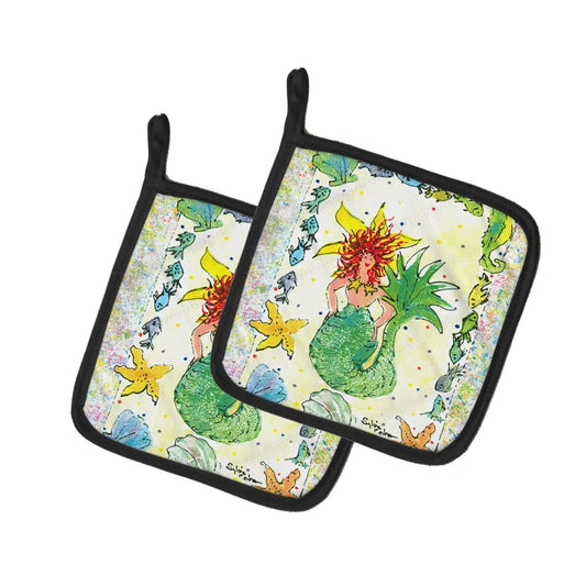 Pot Holder Set of 2 | Heat Resistant Quilted Hot Pads | 7.5 x 7.5 Inch | Red Headed Funky Mermaid