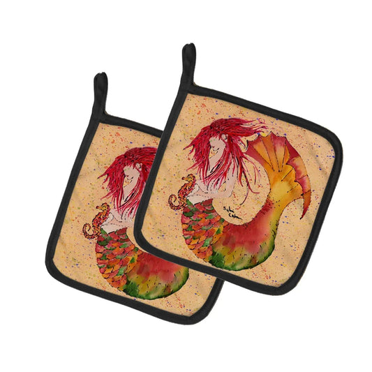 Pot Holder Set of 2 | Heat Resistant Quilted Hot Pads | 7.5 x 7.5 Inch | Red Headed Ginger Mermaid on Coral