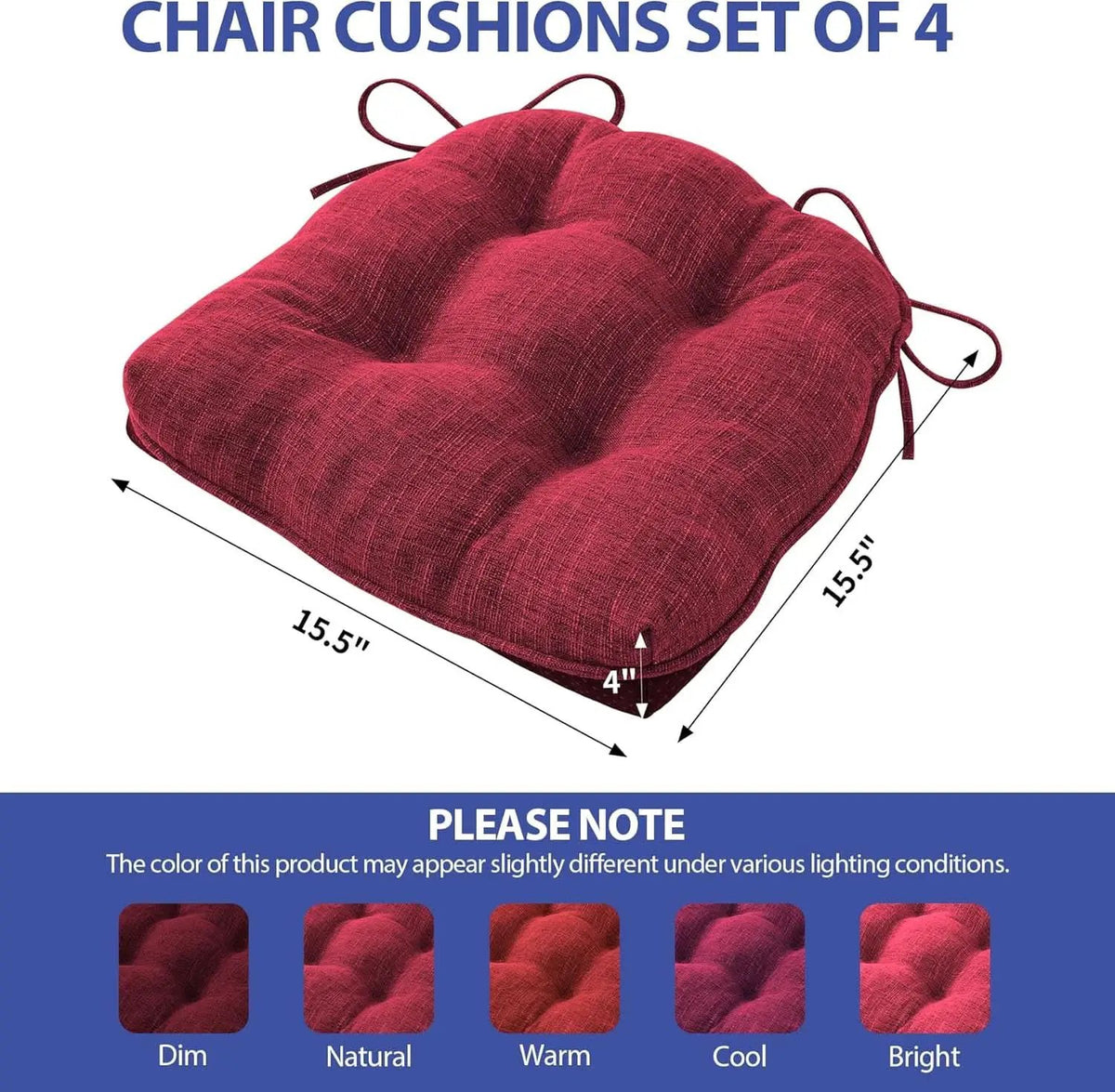 Red Tufted Memory Foam Chair Cushions 4 Pack Non Slip Ties from PriceLows™