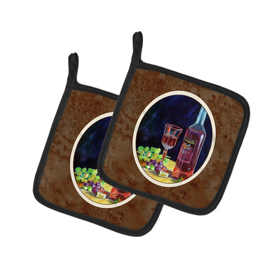 Pot Holder Set of 2 | Heat Resistant Quilted Hot Pads | 7.5 x 7.5 Inch | Red Wine Bottle and Glass