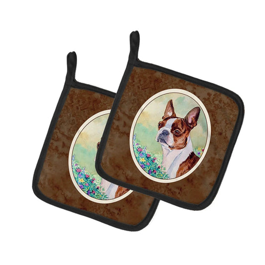Pot Holder Set of 2 | Heat Resistant Quilted Hot Pads | 7.5 x 7.5 Inch | Red and White Boston Terrier