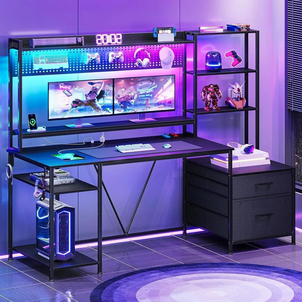 Reversible Gaming Desk with Power Outlets and LED Light from PriceLows™