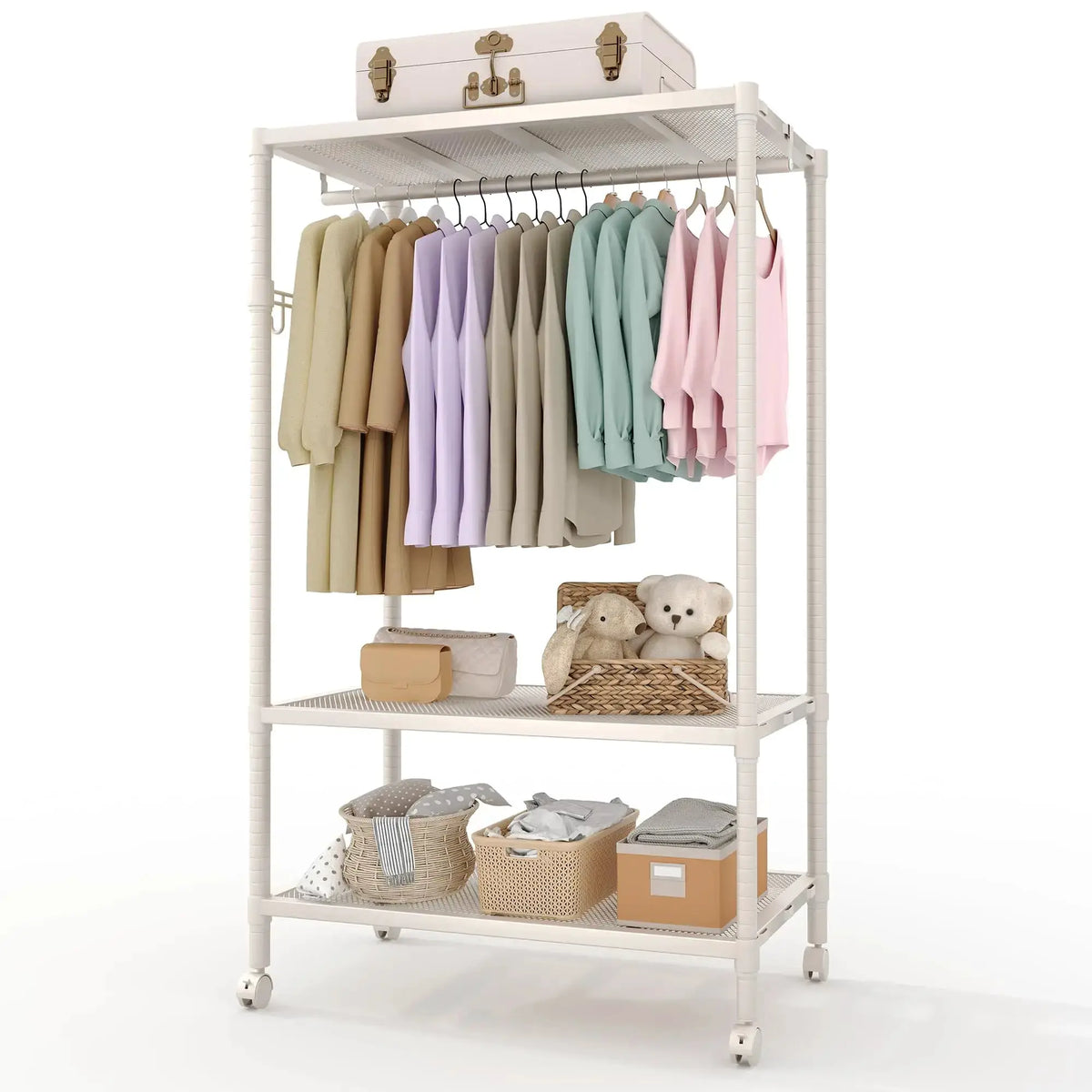 Rolling Clothes Rack for Hanging Clothes, Garment Rack with Storage Shelf and Side Hooks, Clothing Rack for Bedroom, Living Room from PriceLows™