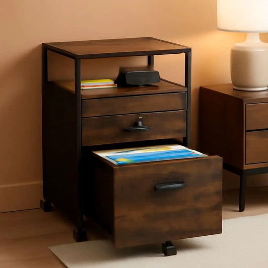 Rolling Mobile File Cabinet Drawers Open Shelf Rustic Brown from PriceLows™