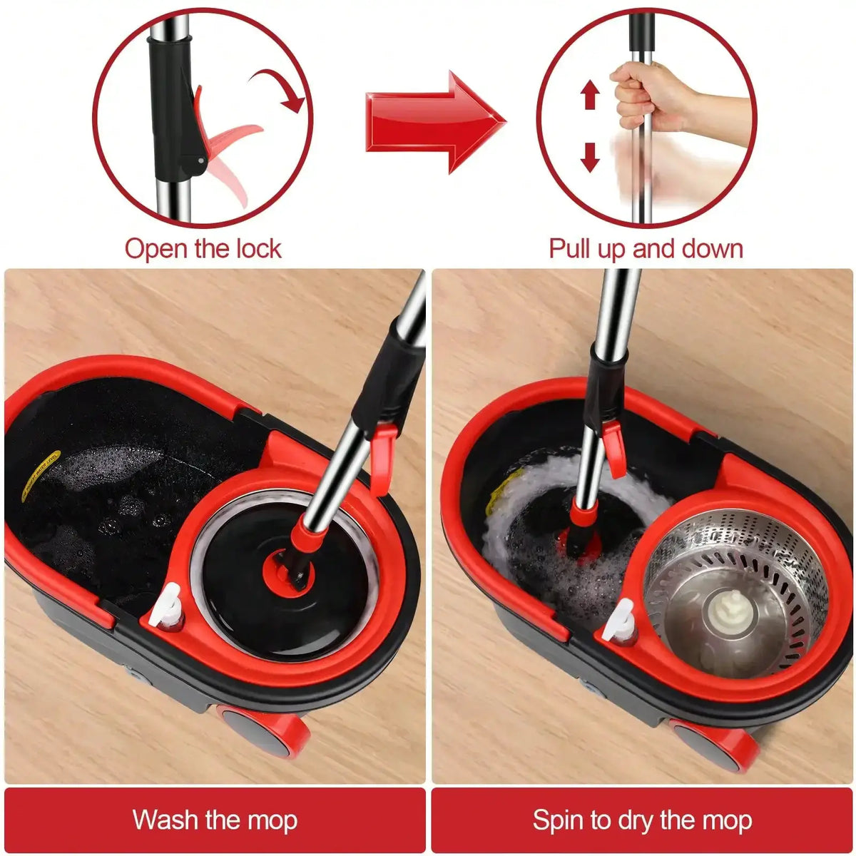 Heavy Duty Rolling Spin Mop Bucket Set with Wringer, 3 Microfiber Mop Heads, Adjustable Handle for Home Floor Cleaning” from PriceLows™