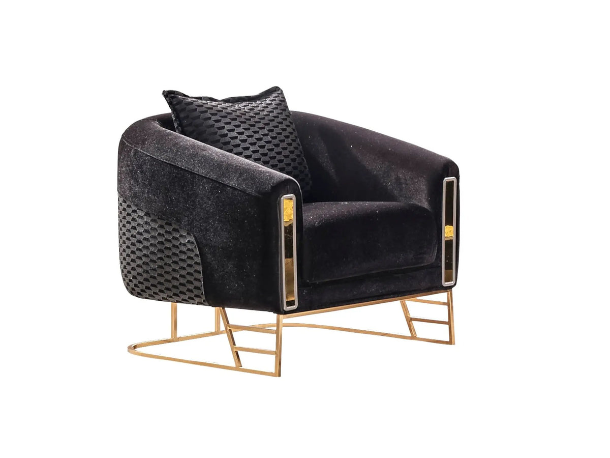 Fabric Armchair | Carved Wooden Armrests | Metal Frame | Gold Accents