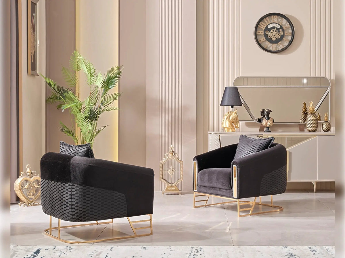Fabric Armchair | Carved Wooden Armrests | Metal Frame | Gold Accents