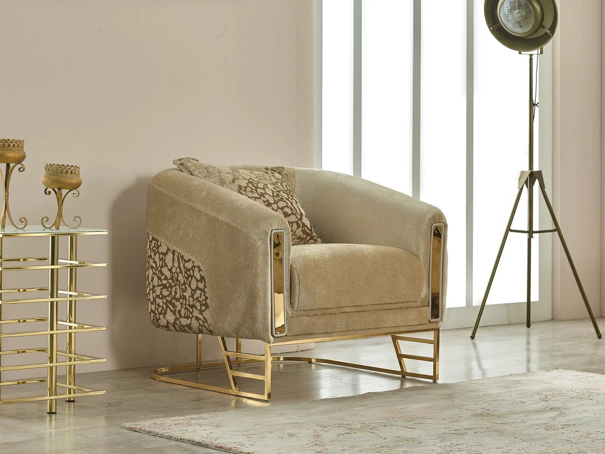 Fabric Armchair | Carved Wooden Armrests | Metal Frame | Gold Accents