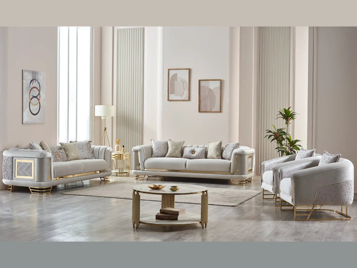 Fabric Armchair | Carved Wooden Armrests | Metal Frame | Gold Accents