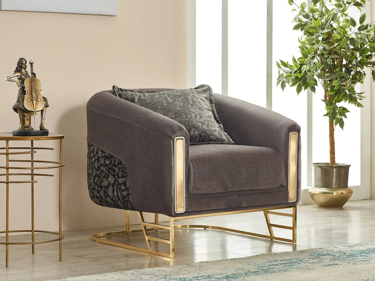 Fabric Armchair | Carved Wooden Armrests | Metal Frame | Gold Accents