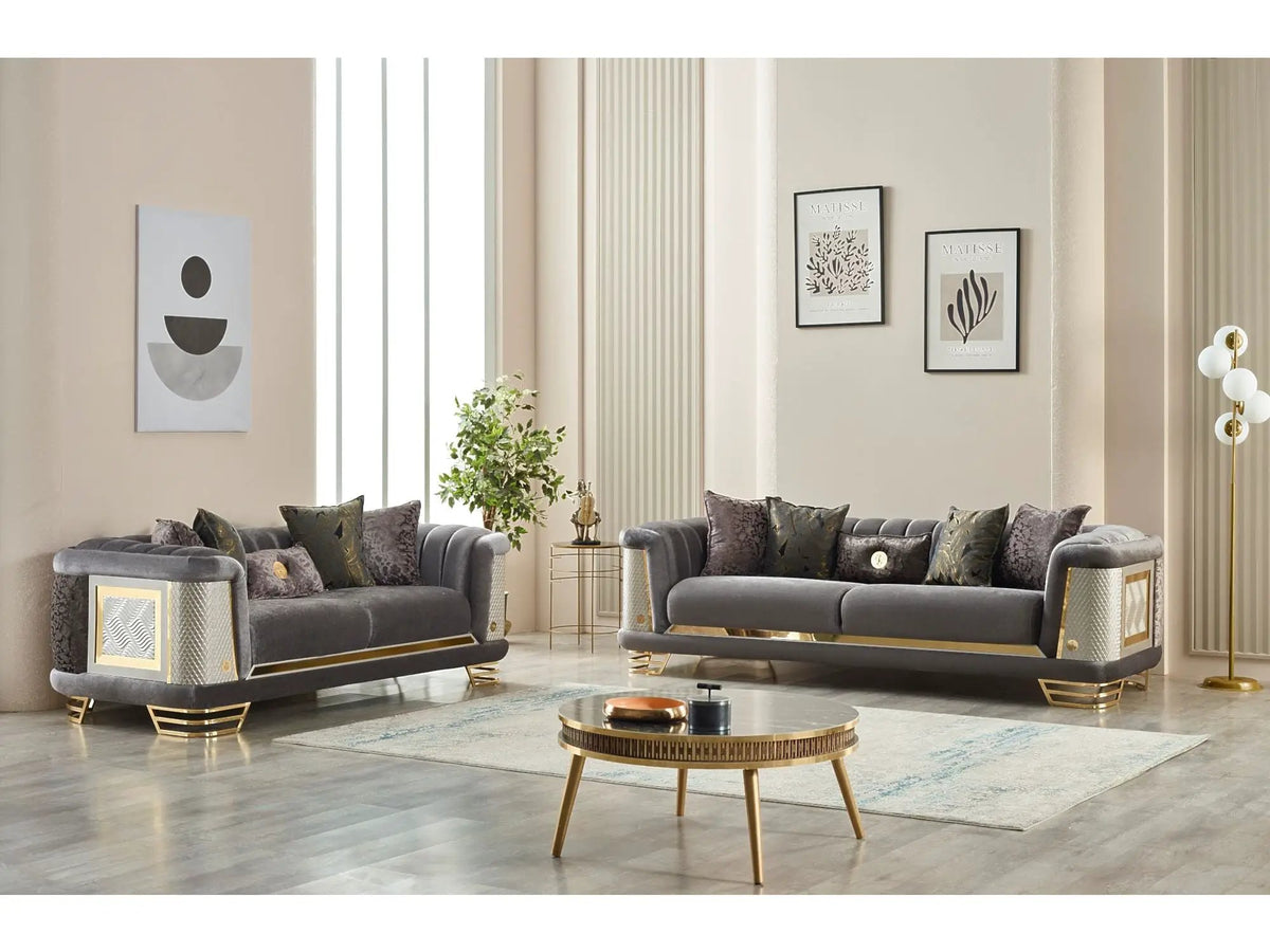 Loveseat | Wood And Metal Frame | Gold Toned Accents | Two Seater