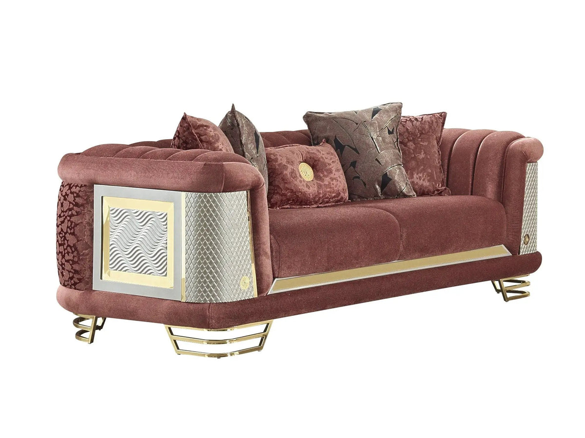 Loveseat | Wood And Metal Frame | Gold Toned Accents | Two Seater