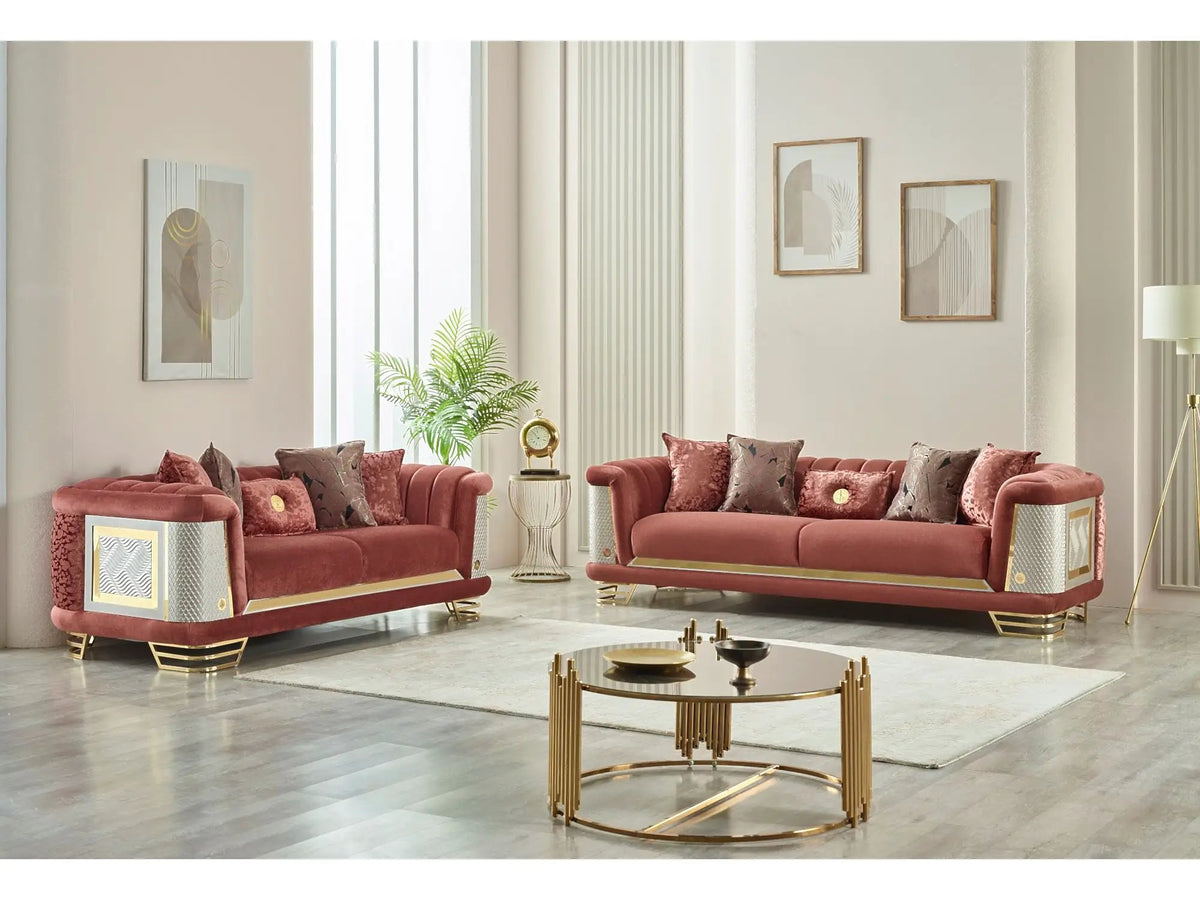 Loveseat | Wood And Metal Frame | Gold Toned Accents | Two Seater