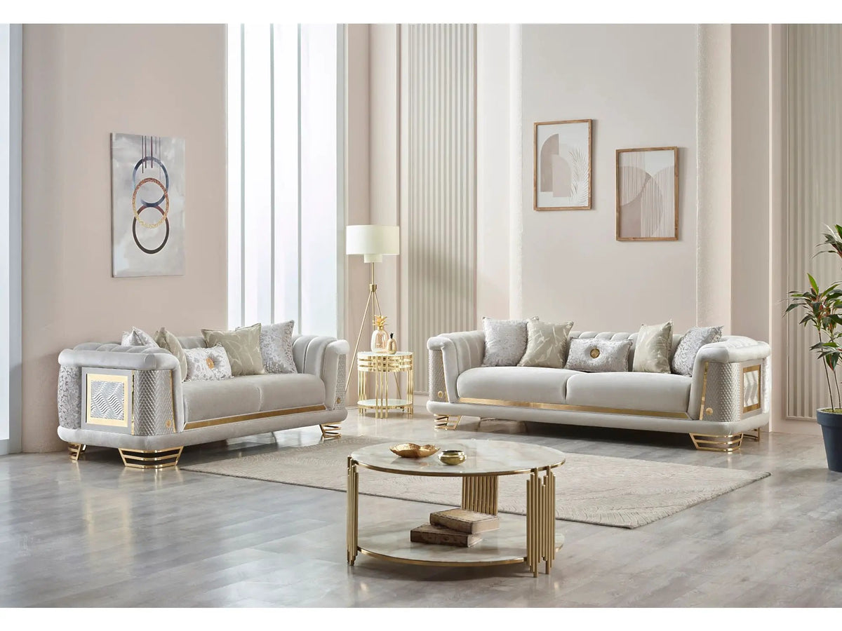 Loveseat | Wood And Metal Frame | Gold Toned Accents | Two Seater