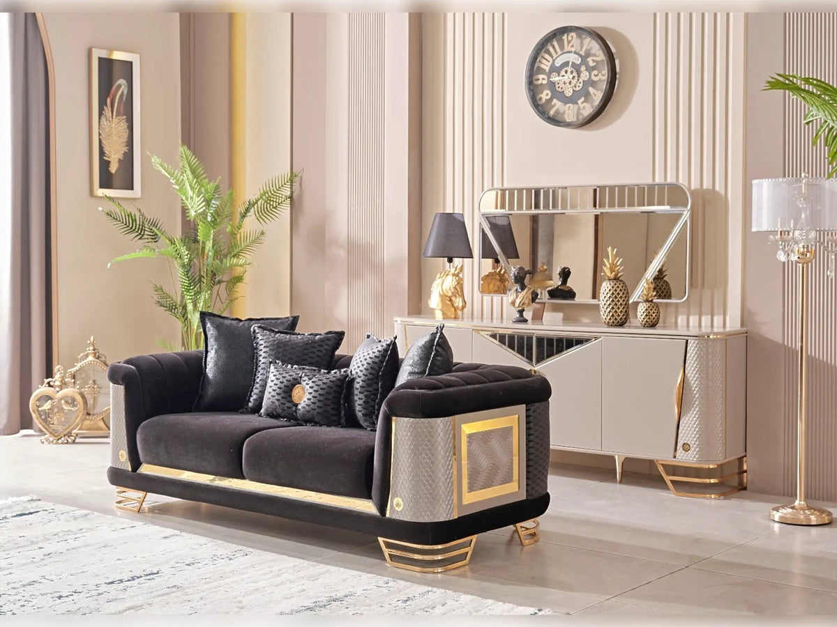 Loveseat | Wood And Metal Frame | Gold Toned Accents | Two Seater