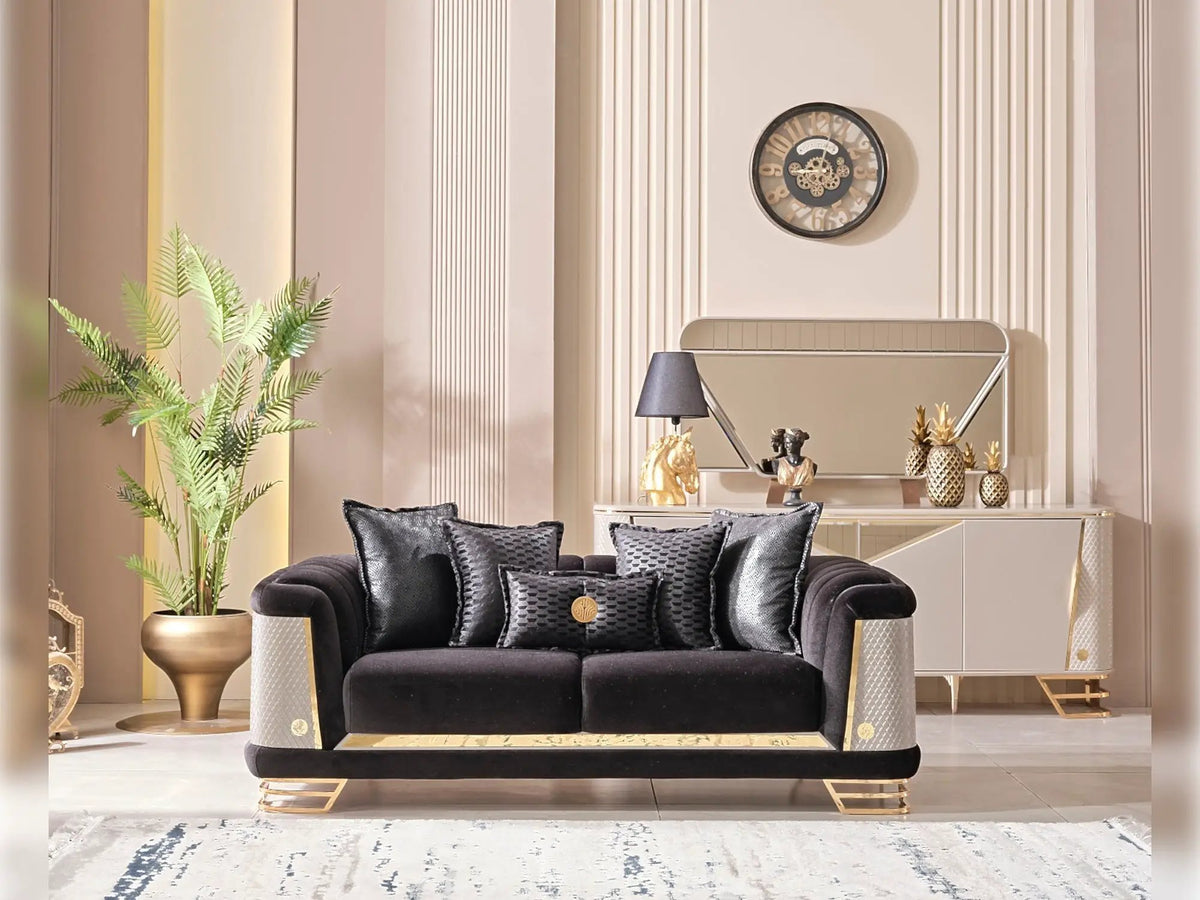 Loveseat | Wood And Metal Frame | Gold Toned Accents | Two Seater