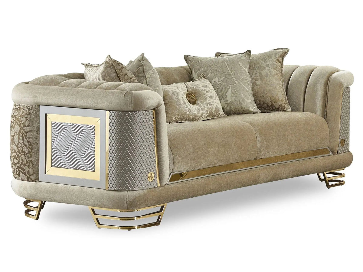 Loveseat | Wood And Metal Frame | Gold Toned Accents | Two Seater