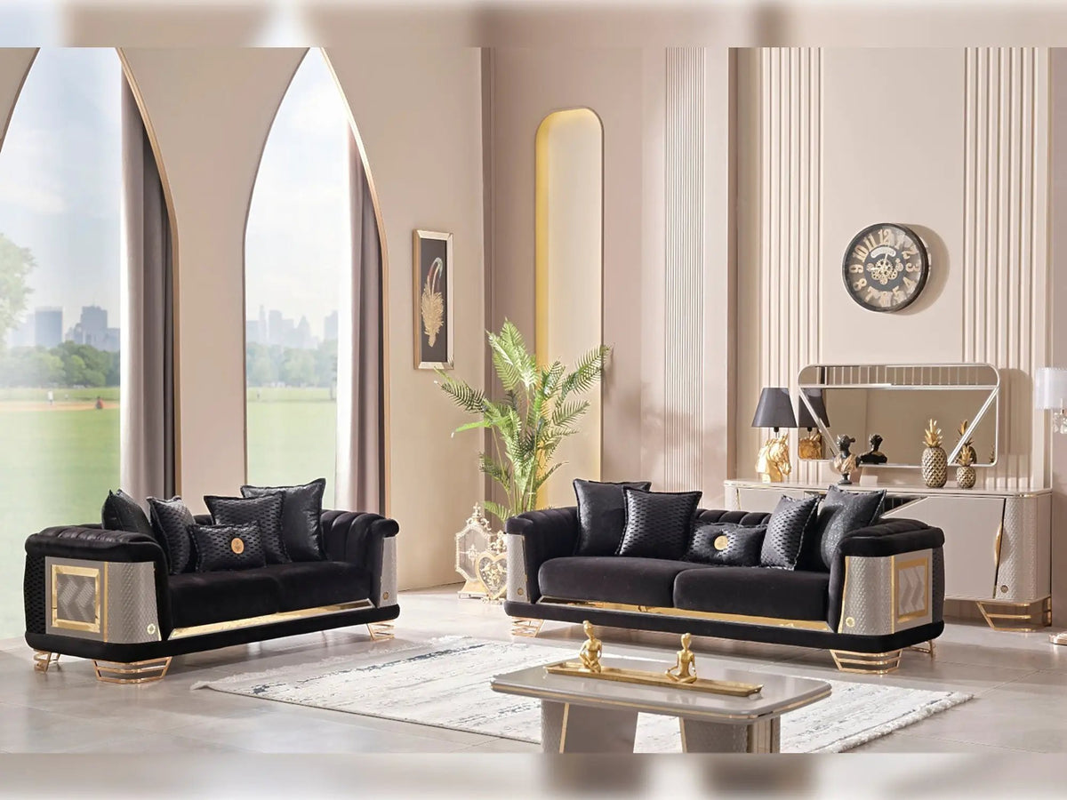 Loveseat | Wood And Metal Frame | Gold Toned Accents | Two Seater