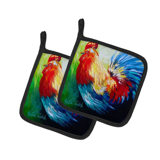 Pot Holder Set of 2 | Heat Resistant Quilted Hot Pads | 7.5 x 7.5 Inch | Rooster Chief Big Feathers
