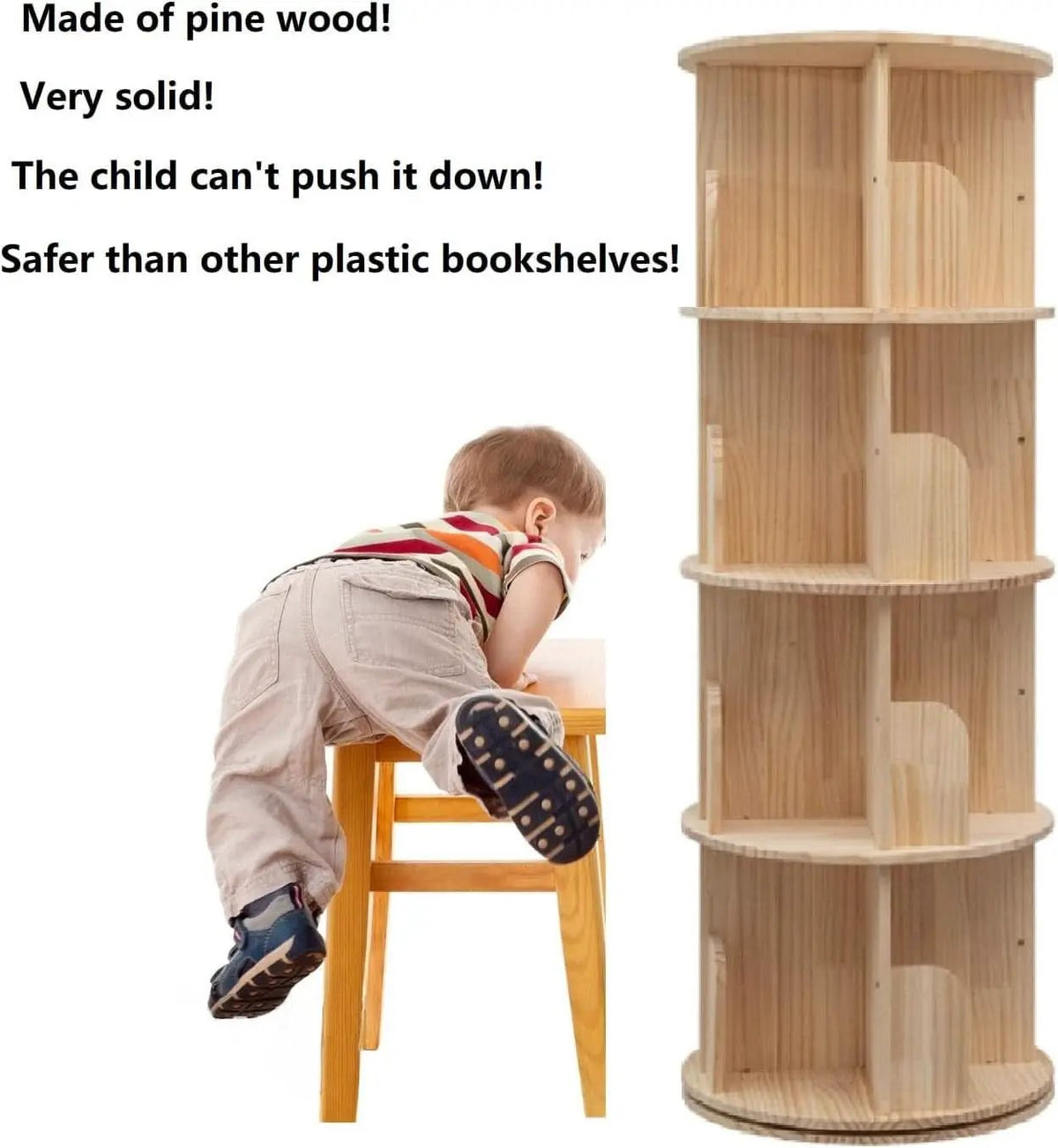 Rotating Bookshelf 360 Display 4 Tier Bookcase Solid Wood from PriceLows™