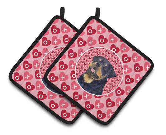 Pot Holder Set of 2 | Heat Resistant Quilted Hot Pads | 7.5 x 7.5 Inch | Rottweiler Hearts Love and Valentine's Day Portrait