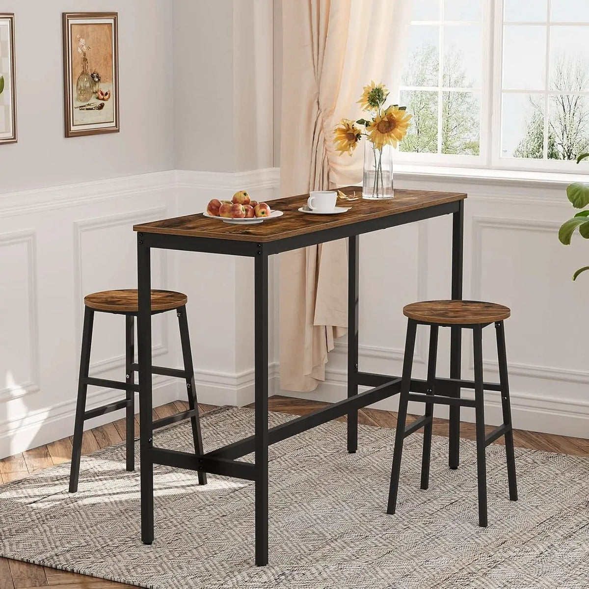Round Bar Stools Set of 2 With Footrest 24.4 Inch Industrial Rustic Brown from PriceLows™