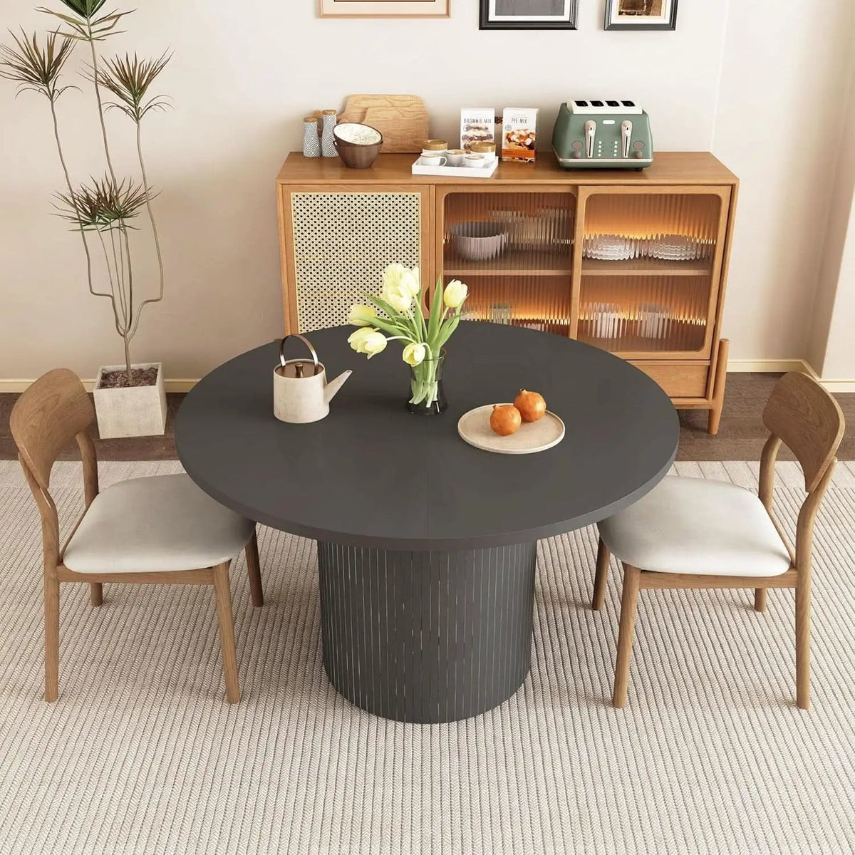 Round Dining Table For 4 47 Inch Black Wood Strip Base Kitchen Table from PriceLows™