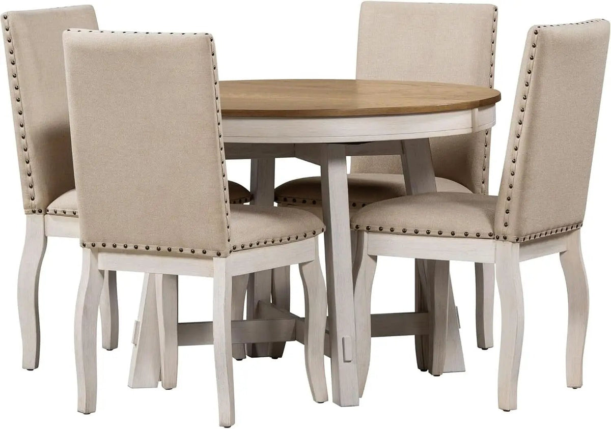 Farmhouse Round Extendable Dining Table Set Oak Finish with Upholstered Chairs from PriceLows™