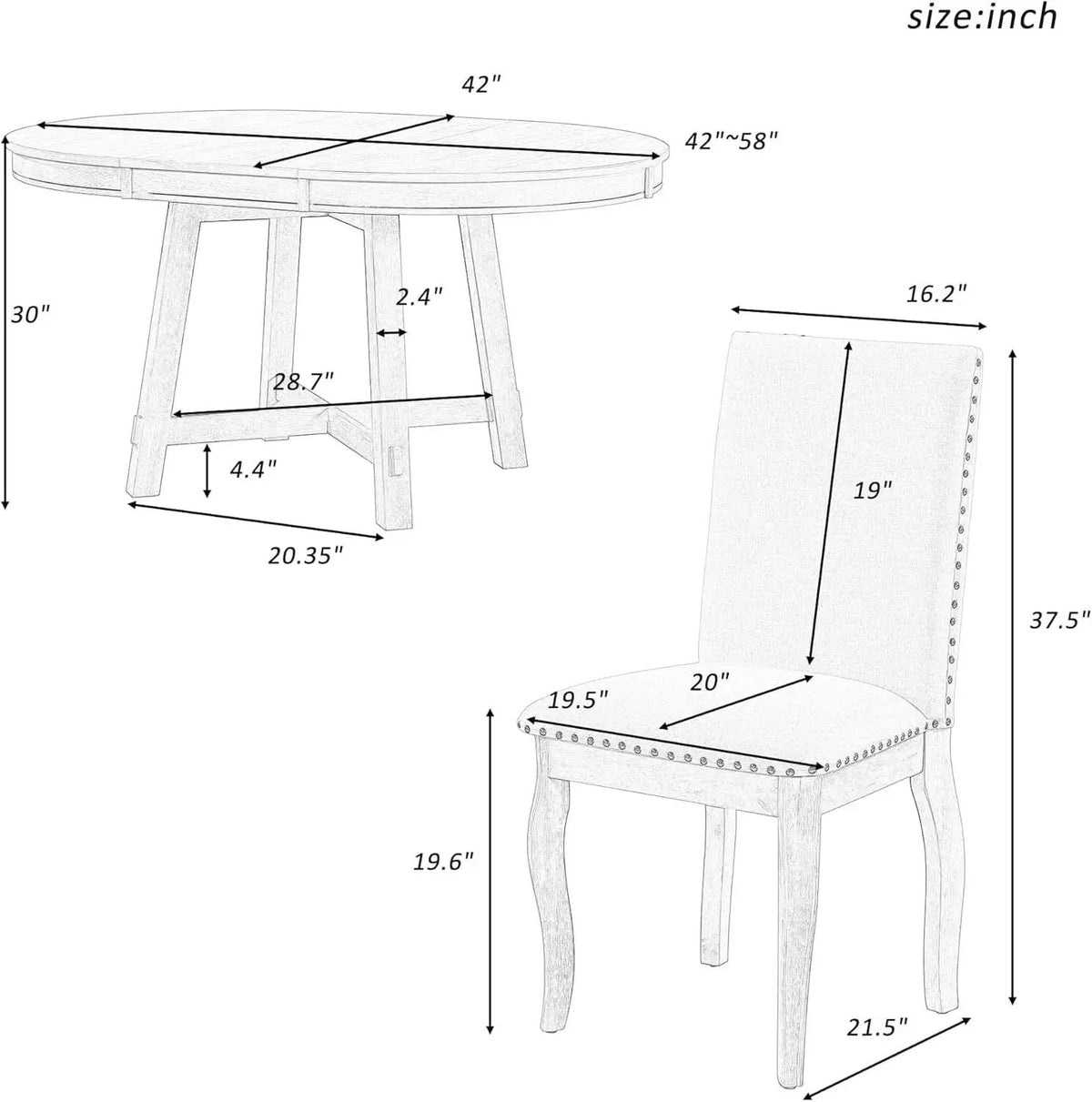Farmhouse Round Extendable Dining Table Set Oak Finish with Upholstered Chairs from PriceLows™