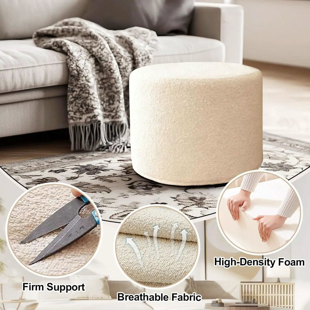 Round Ottoman Foot Rest 17x17x14 White Boucle Fabric from PriceLows™