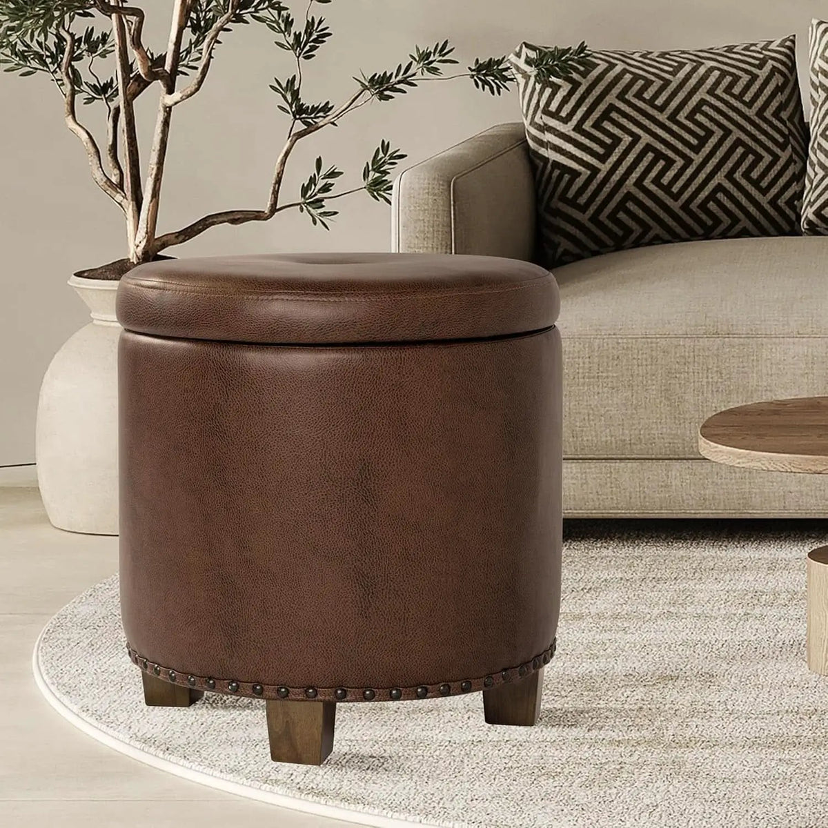 Round Storage Ottoman With Nailhead-Trim Brown Faux Leather from PriceLows™