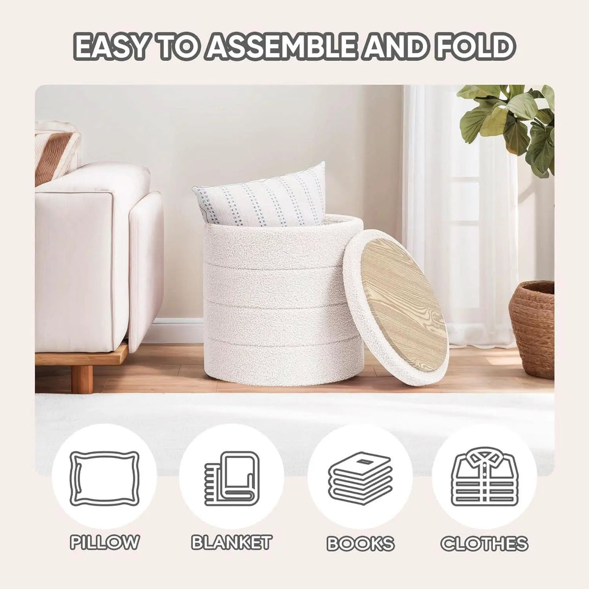 Round Storage Ottoman With Tray White VelvetFabric from PriceLows™